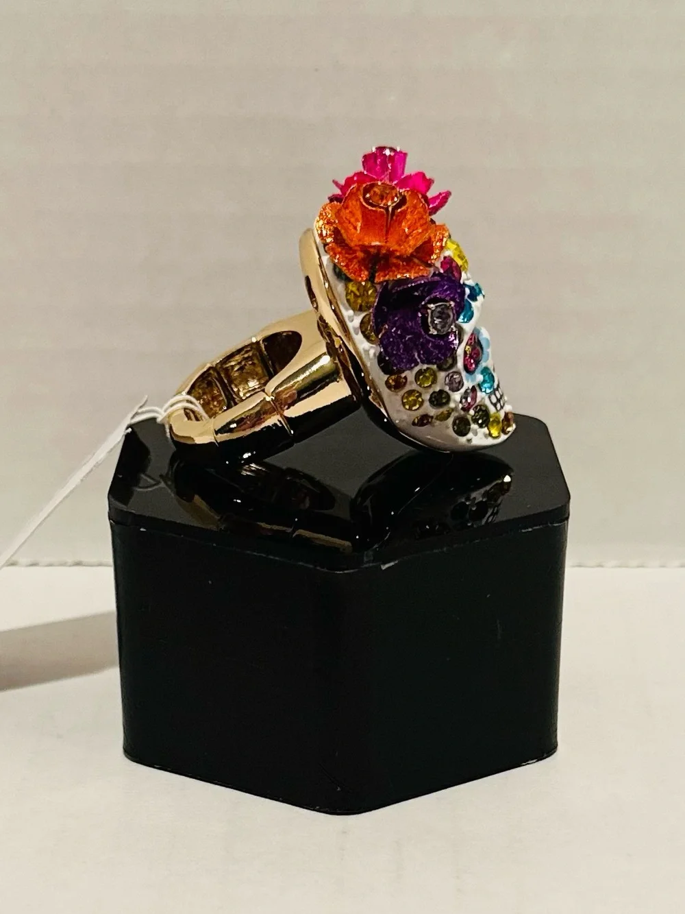 Betsey Johnson NWT Pave Crystal Floral Skull Stretch Ring